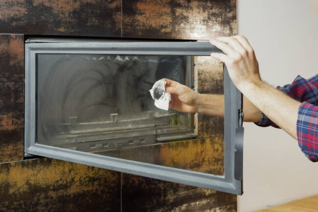 Mann reinigt ein Kaminglas Mann reinigt ein Kaminglas