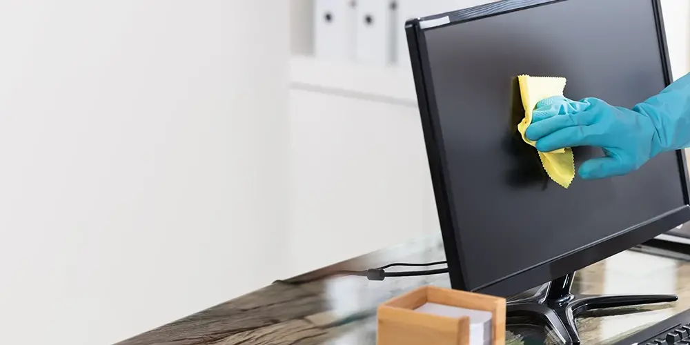 Reinigungskraft-reinigt-Schreibtisch