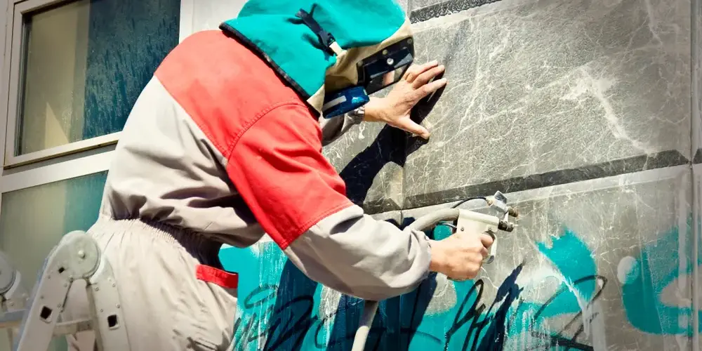 Reinigungskraft entfernt mit Sandstrahler Graffiti