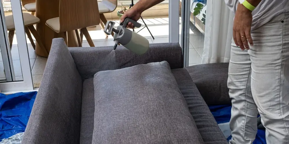 Reinigungskraft reinigt Couch