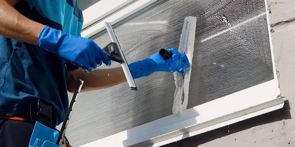 Professionelle Reinigungskraft putzt Fenster