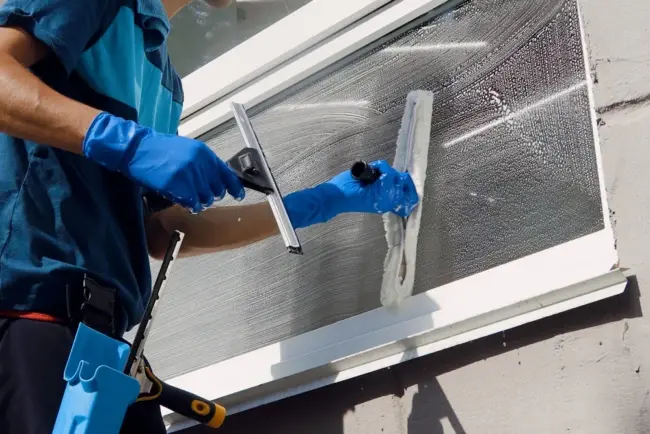 Professionelle Reinigungskraft putzt Fenster Professionelle Reinigungskraft putzt Fenster