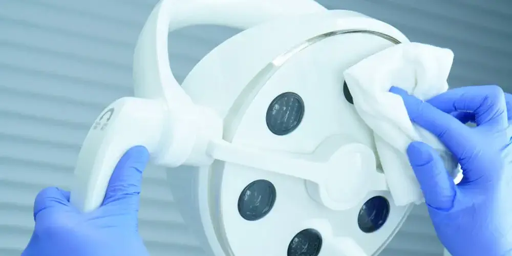 Reinigungskraft reinigt Praxisgerät