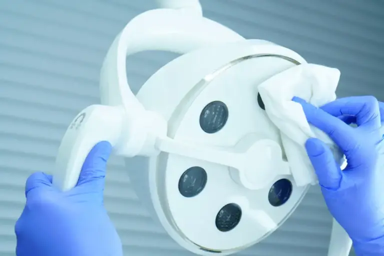 Reinigungskraft reinigt Praxisgerät