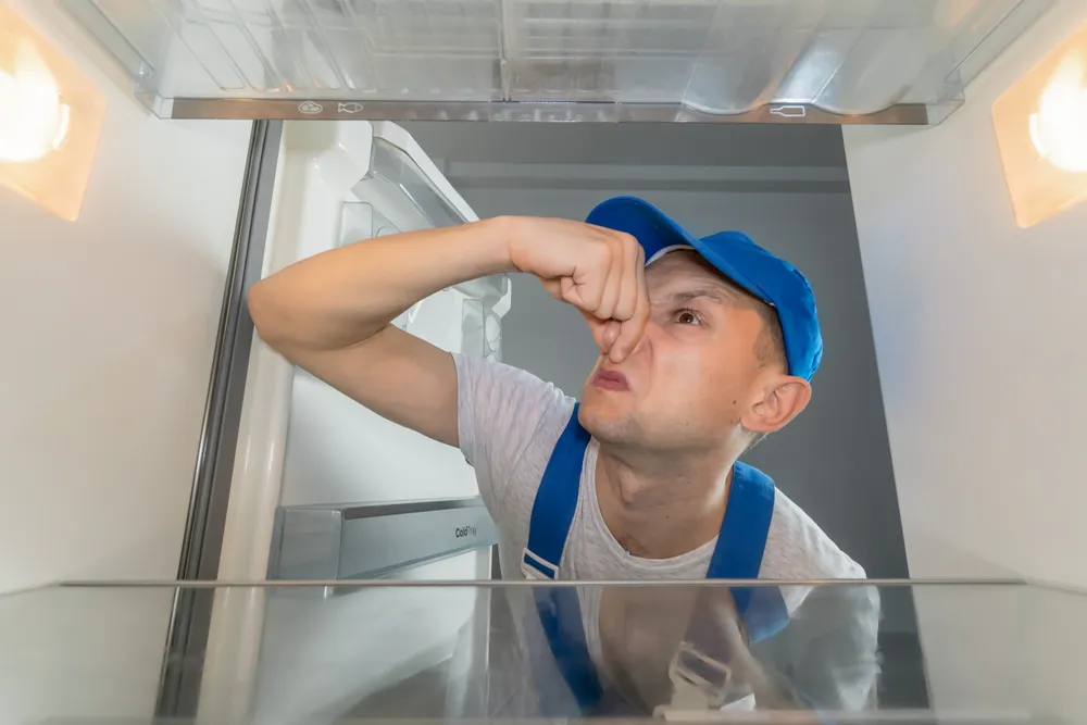 Mann öffnet Kühlschrank, um es zu reinigen