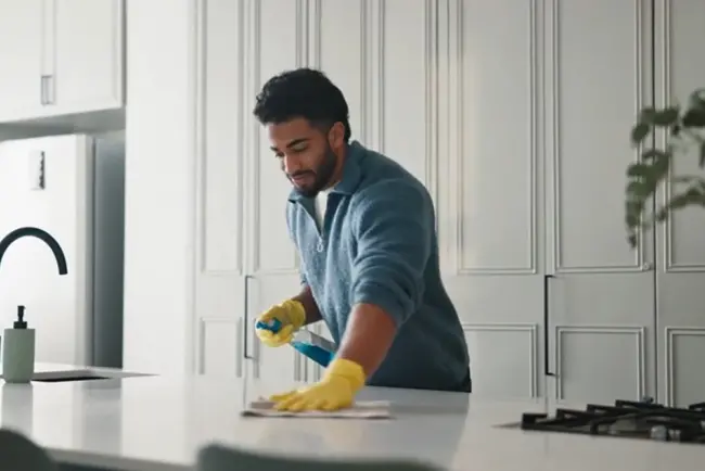 Mann reinigt Küchentheke